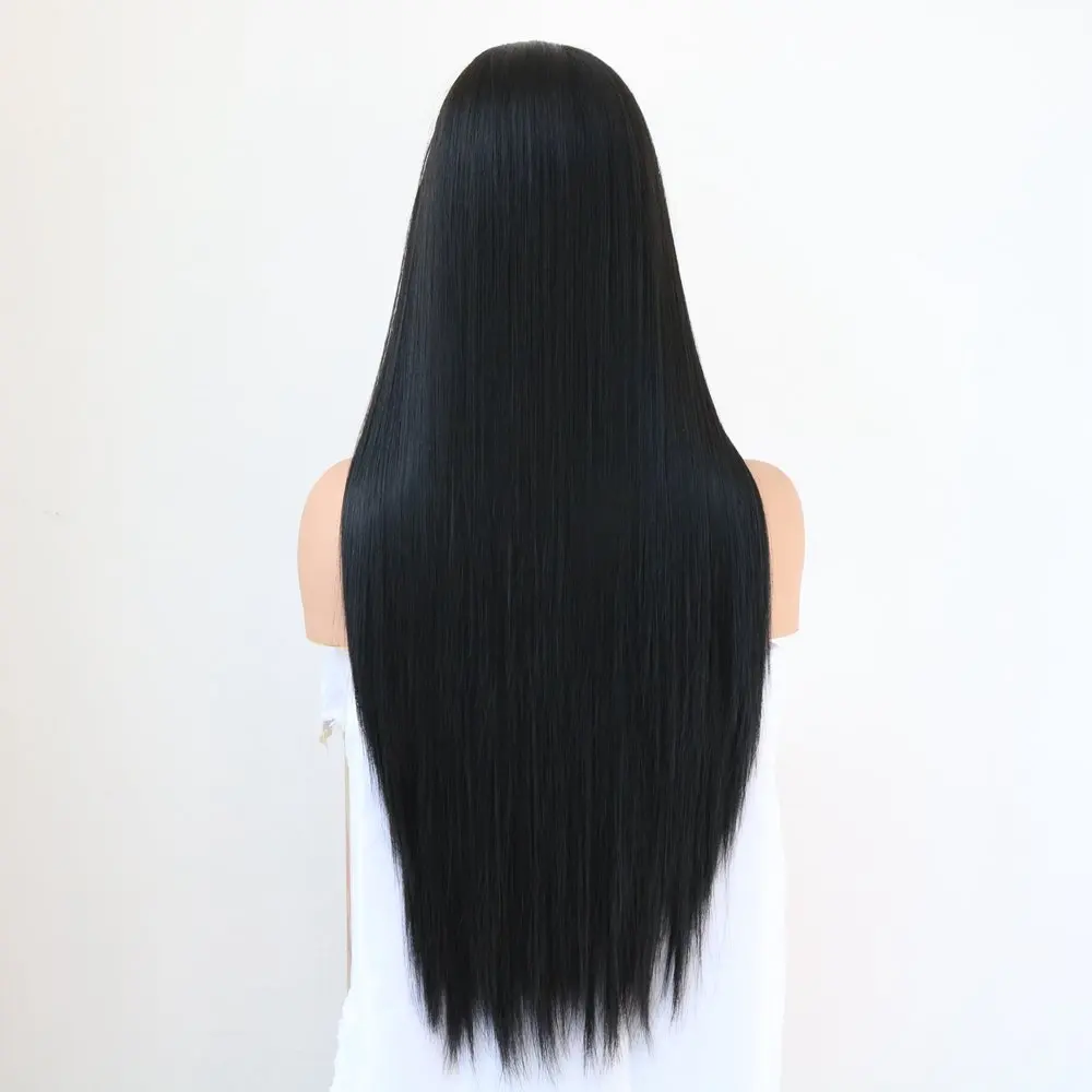 13x4 Natural Long Black Soft Ponytail Straight Lace Front Wigs Heat Resistant Synthetic Hair for Women 26 Inch |