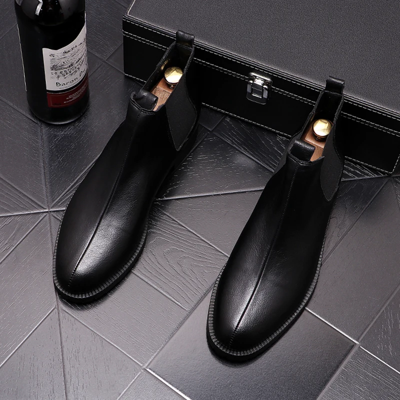 

men casual business wedding formal dress shoes cow leather boots breathable black shoes gentleman chelsea boot ankle botas mans