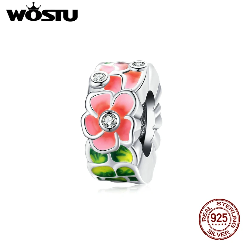 

WOSTU 100% 925 стерлингового серебра бисера Красочные, с украшением в виде цветка из эмали кулон в форме оригинальный для браслетов и ожерелий DIY, ...