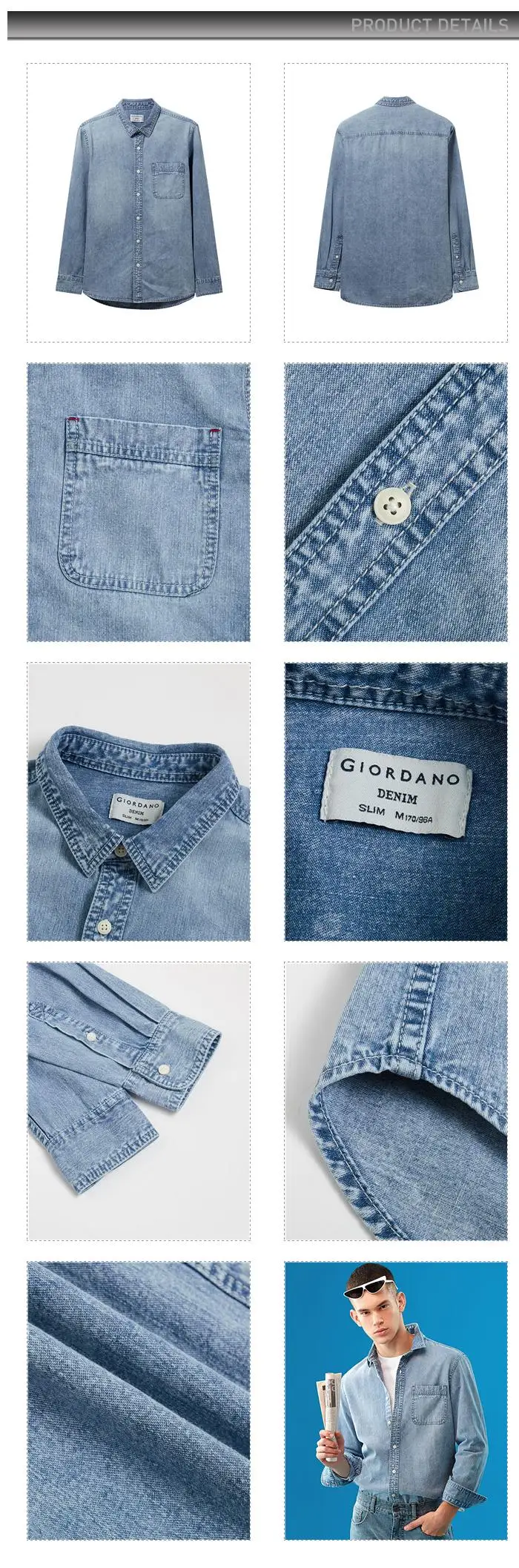 Giordano приталенная Мужская рубашка из джинсовой ткани с длинными рукавами Camisa Masculina, на пуговицах спереди, с отложным воротником, Chemise Homme 01049890