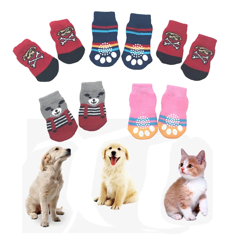 

4pcs Winter Warm Puppy Dog Socks Soft Pet Knits Socks Cute Cartoon Anti Slip Skid Socks For Small Dogs Pet Accessories