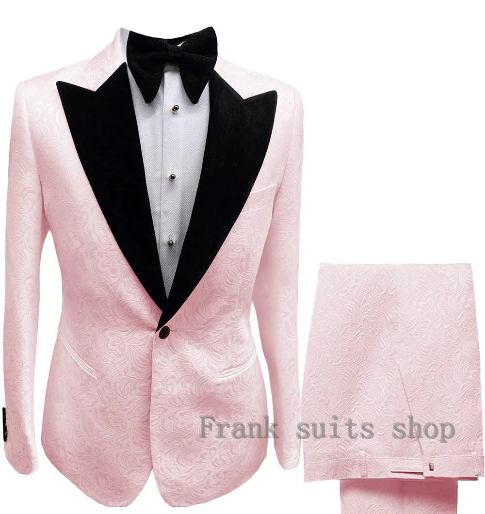 

Mens Fashion Peaked Lapel 2 Pieces Set Pink Red Blue White Black Wedding Groom Suits Quality Jacquard Banquet Tuxedo