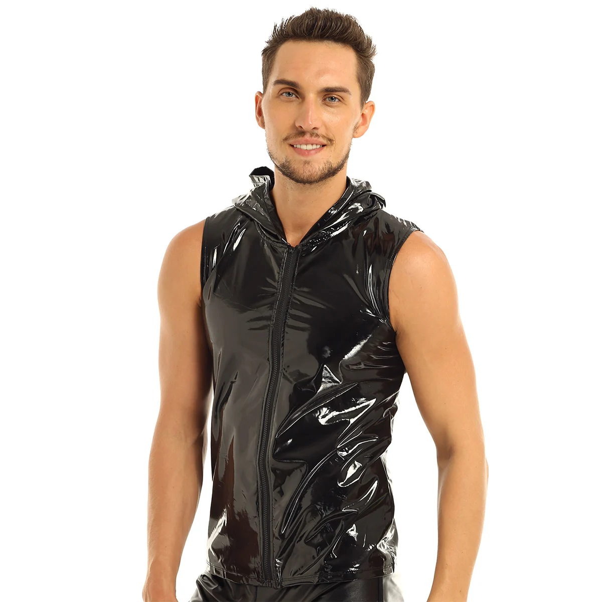Black Mens T-Shirt Wet Look Patent Leather Nightclub Streetwear Sleeveless Hoodie Clubwear Hip Hop with Zipper Closure | Мужская одежда