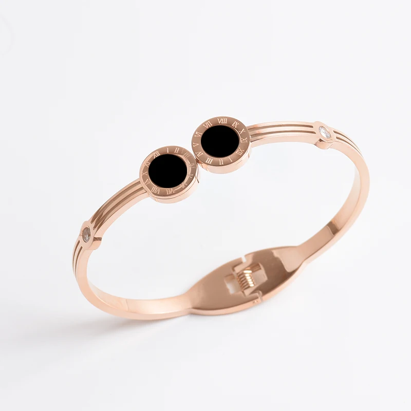 

Vintage Round Black Roman numerals Bangle Bracelet Crystal Titanium Spring Clasp Stainless Steel for Women Fashion Jewelry