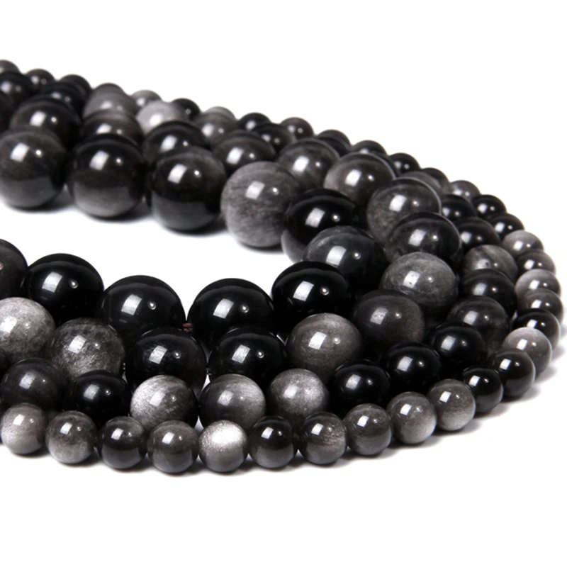 Бусины из обсидиана серебряного цвета для изготовления ювелирных украшений