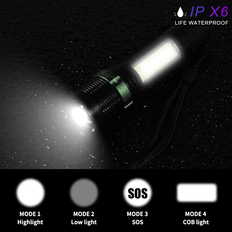 

COBA T6 flashlight 2000LM led lantern waterproof built-in battery usb rechargeable practical handy stainless pen clip back s