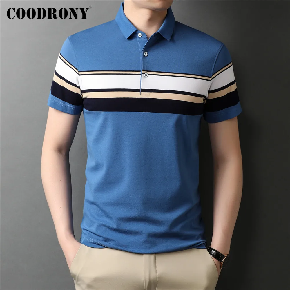 

COODRONY Brand Summer New Arrival Short Sleeve Polo-Shirt Men Business Casual Contrast Color Striped Cotton Tops Clothing C5301S