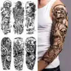 Череп воин временная татуировка рукав для мужчин и женщин, Реалистичный искусственный цветок стикер татуировки черный Лев солдат большой тату