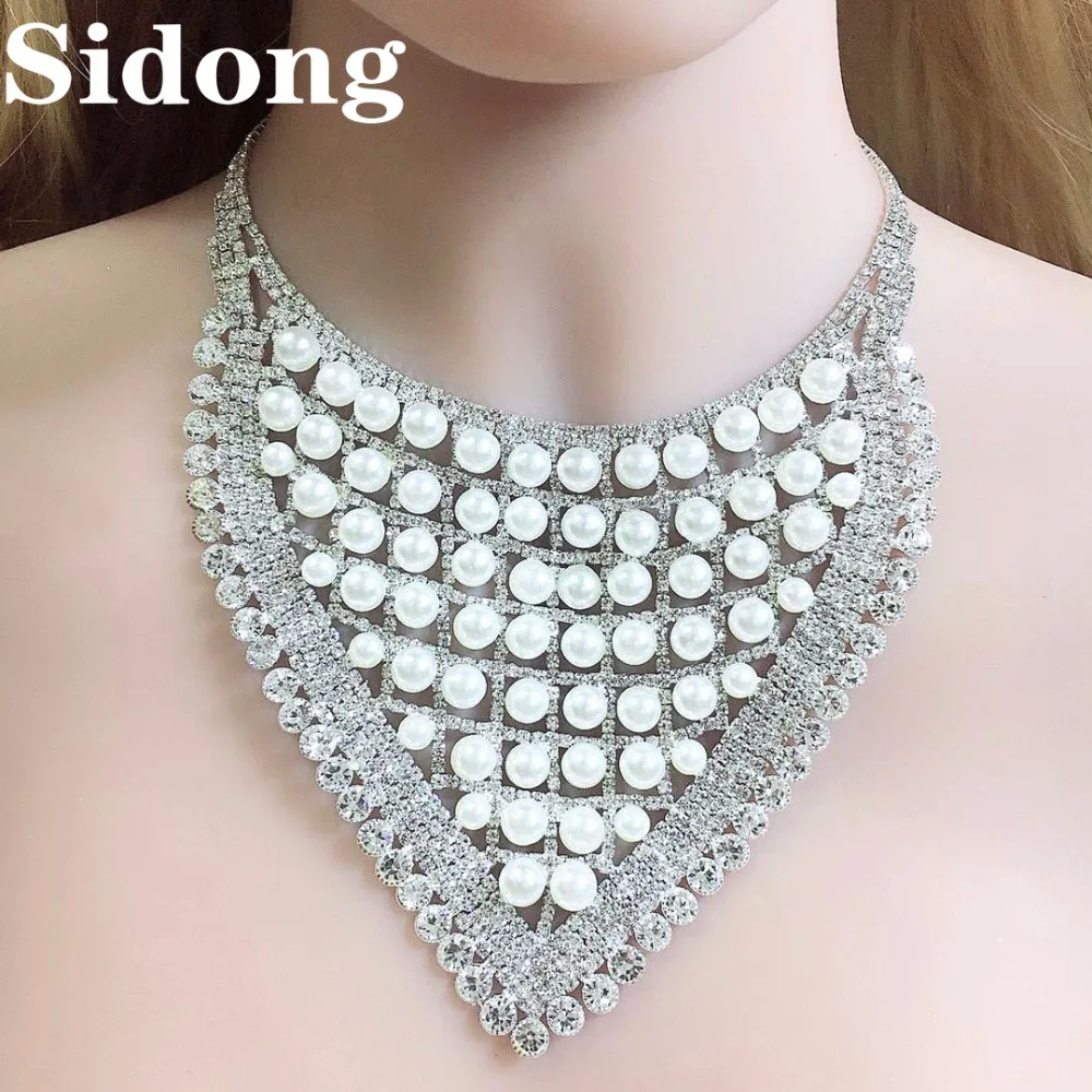 

Fashion new shiny Crystal Rhinestone Necklace bride set pearl two piece Necklace bride engagement party gift