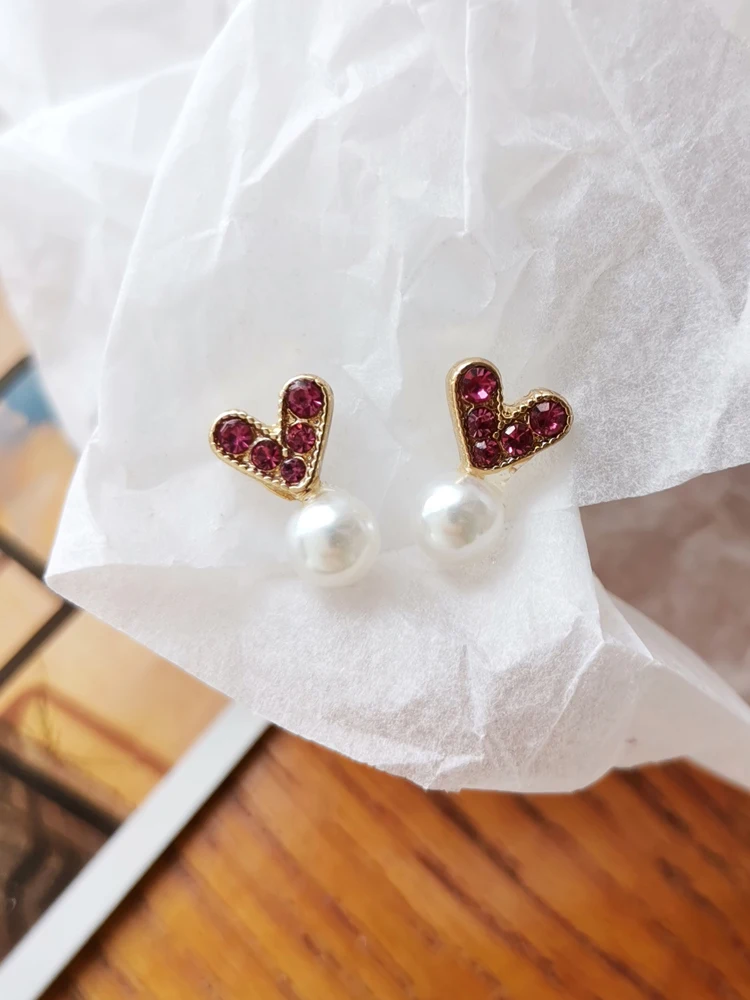 

Mihan S925 needle Sweet Heart Earring Fashion Jewelry Simulated Pearl Delicate High Quality Red Crystal Stud Earrings For Girl