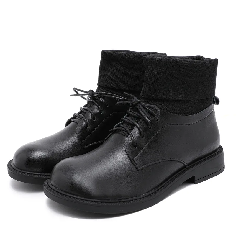 

Women comfortable recreational shoe style fashion girls round head leather college riding boots knitted boots tube joker
