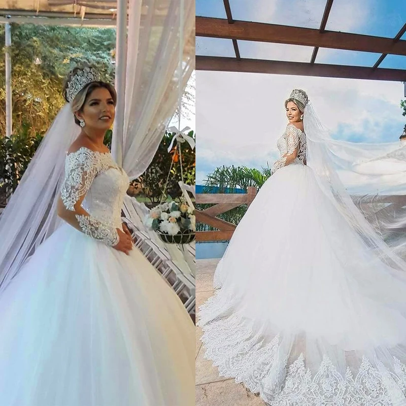 Роскошное Свадебное платье с жемчугом бальное длинным рукавом свадебные платья