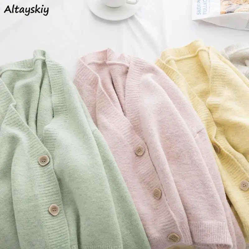 

Cardigan Women Candy Color Long Sleeve V-neck Korean Style Spring Single Breasted Female Sweet All Match Cozy Button Top Solid