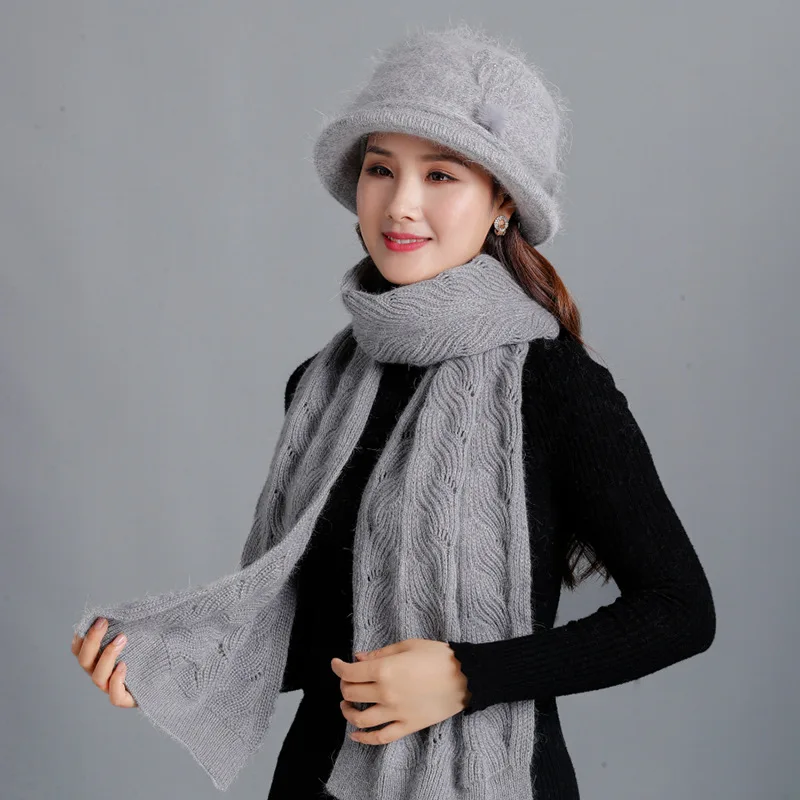 gray set 2 Новая зимняя женская шапка из кроличьего меха, шарф, набор, теплая шерстяная вязанная плюшевая наборы шарф шапка, вязаная шапка, шапка для мамы, подарки, твист, флисовая шаль - Цвет: gray set 2