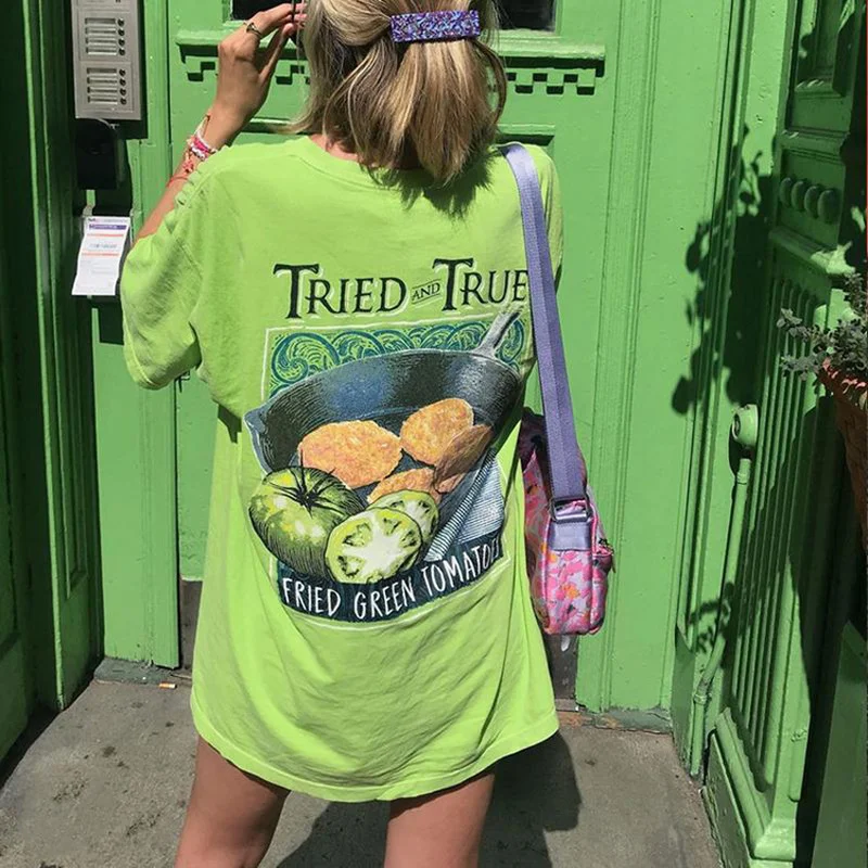 

Vegetable Letter Back Print High Street Loose Woman Tshirts Short Sleeve Casual Europe Fashion 2021 Summer Green Tops for Women