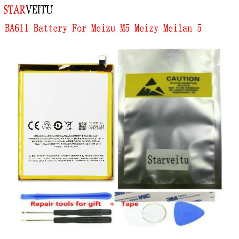 

STARVEITU BA611 Battery for Meizu M5 Meizy Meilan 5 Mobile Phone Bateria Rechargeable Li-polymer Batteries 3000mAh Repair Tools