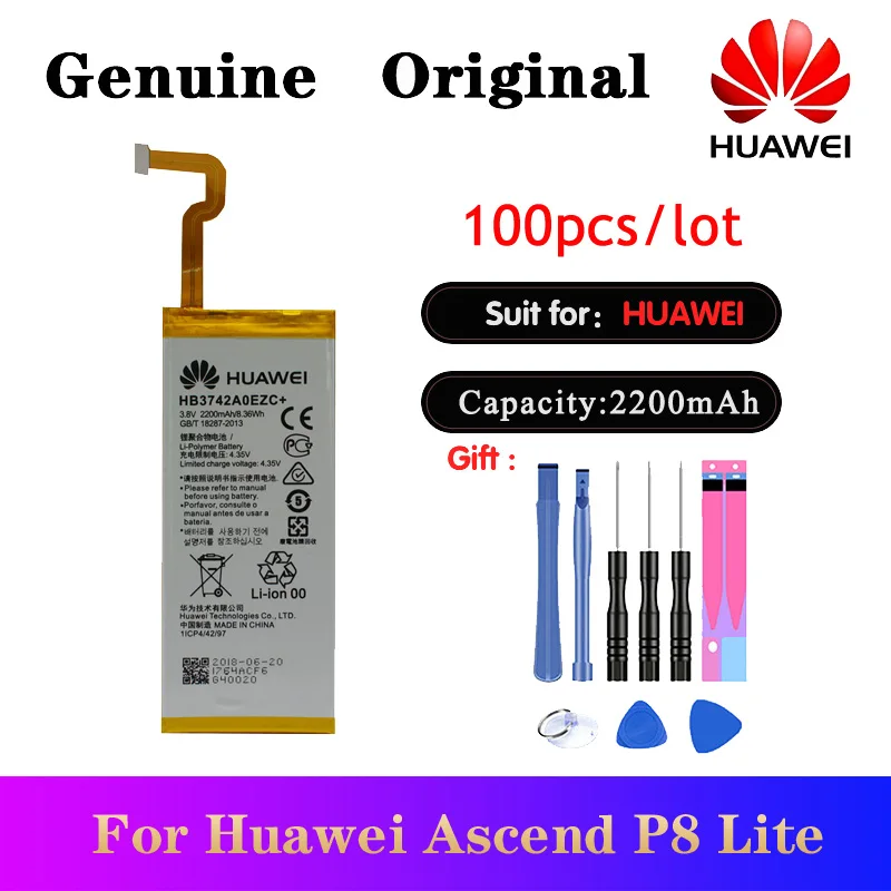 

100pcs/lot Original Battery HB3742A0EZC+ For Huawei P8 Lite Ascend P8 Lite Replacement Mobile Phone Batteria Akku 2200mAh