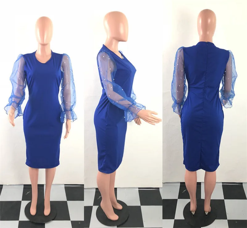 Сетчатое лоскутное облегающее платье миди с расклешенным рукавом женское