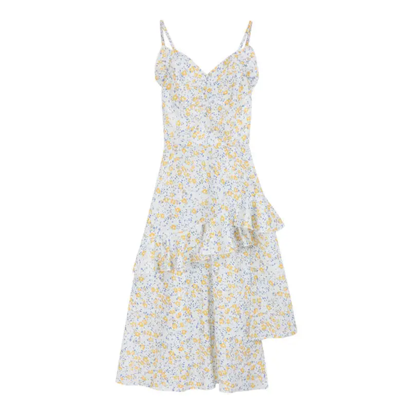 

French Floral Strap Dress Women Korean Sweet Cute Chic Irregular Fairy Dress Female Sexy Kawaii Party Midi Kwaii Dress 2021 New
