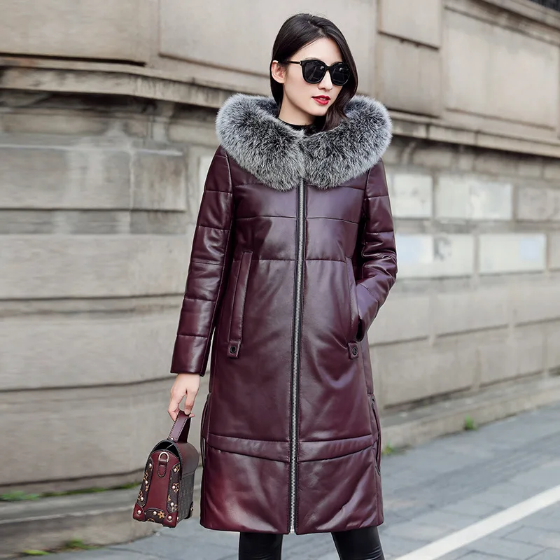 

Sheepskin Coat Genuine Winter Women Big Fox Fur Hooded Down Jacket 200% Real Leather Jackets 2699-2 KJ4870