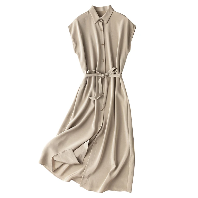 

Women's 100% Silk 26 momme luxury Fashion Heavy Long Dress Short Sleeve Shirt Dress Elegant Beige The Waist One Size L1162