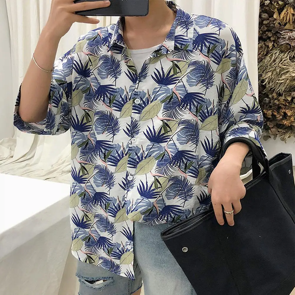 

MISSKY Women Men Leisure Shirt Personality Floral Printing Short Sleeve Retro Hawaii Beach Shirt Couple Tops Summer