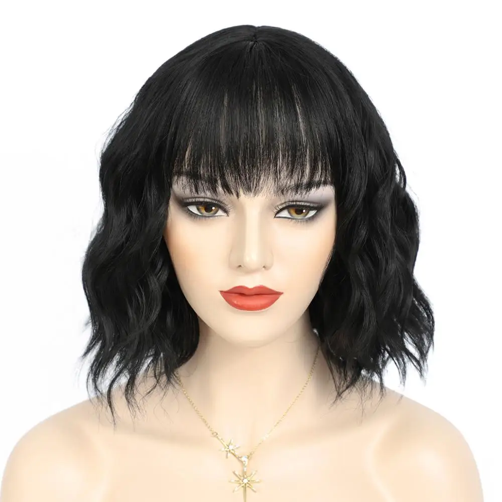 

10 Inches Short Wavy Bob Wigs for Women Black Wig with Bangs Synthetic Wig Natural Looking Wigs Heat Resistant Fiber