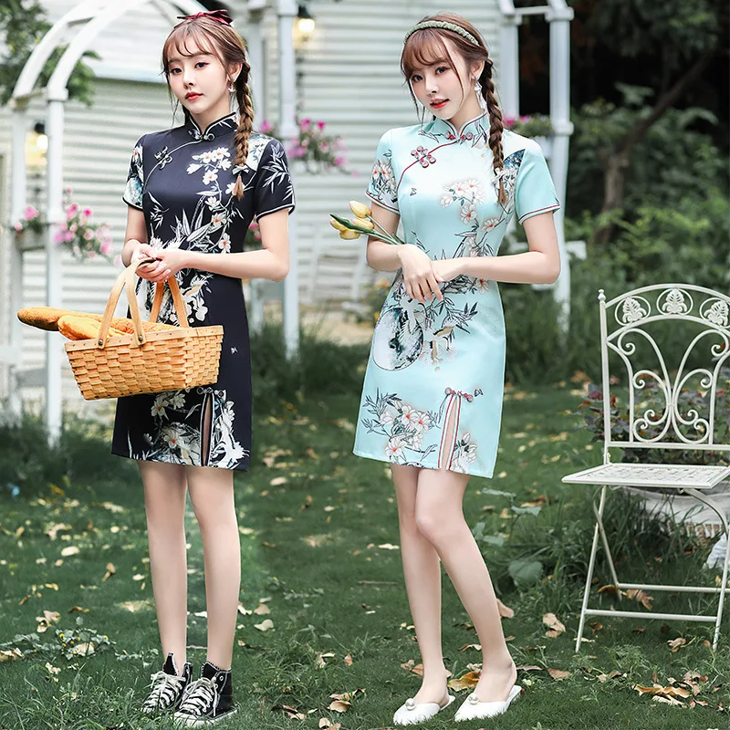 

Традиционный китайский костюм, женское винтажное атласное платье-Ципао с узким разрезом, пикантное китайское мини-платье Qipao, элегантное пл...