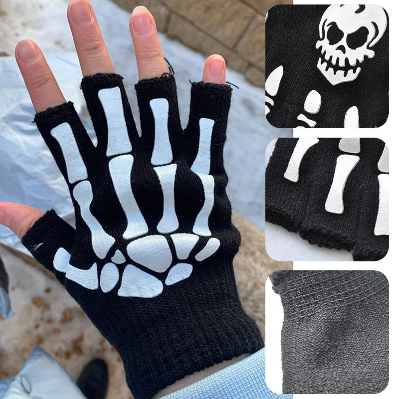 Guantes de ciclismo para deportes al aire libre, medio esqueleto, protecci&oacute;n suave, Punk, Unisex, Calavera, dedo que brilla en la oscuridad, mitones de punto de invierno-2