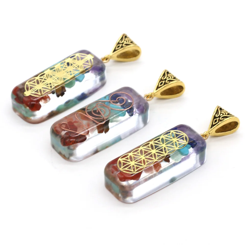 

Natural Stone Pendant Rectangle Resin Gravel Chakra Reiki Healing Crystal Stone Charms for Making Jewelry Necklace Bracelet Gift