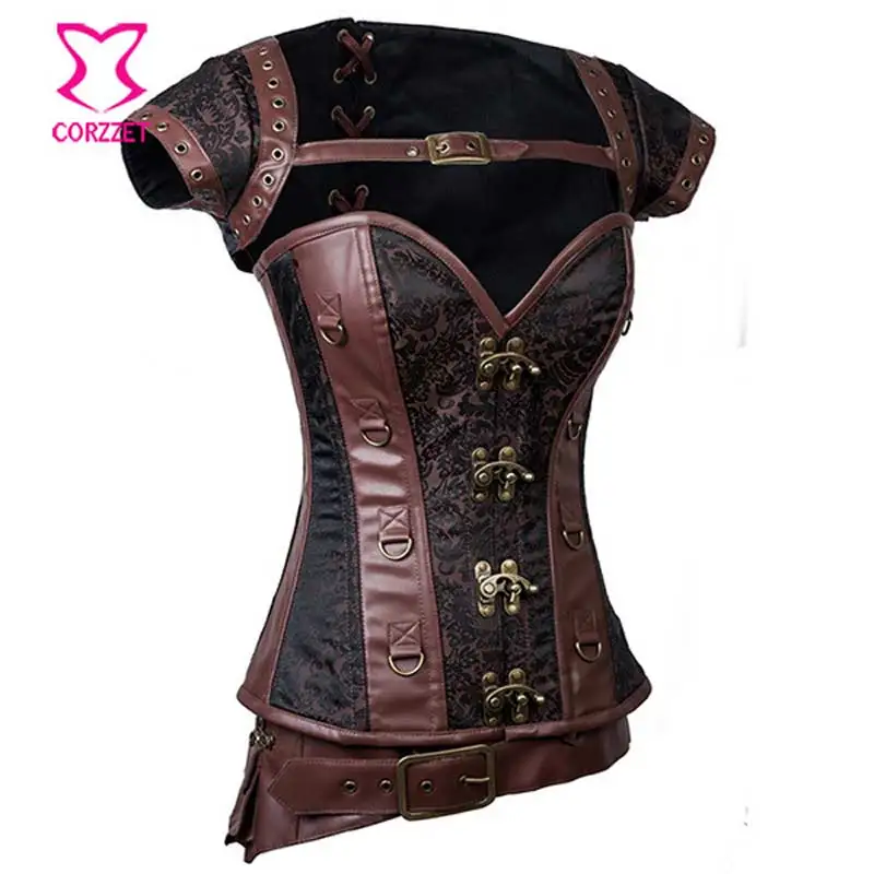 Vintage Black/Brown Steel Boned Waist Trainer Corset Steampunk Armor Bustier Jacket Belt Burlesque Plus Size Gothic Clothing | Женская