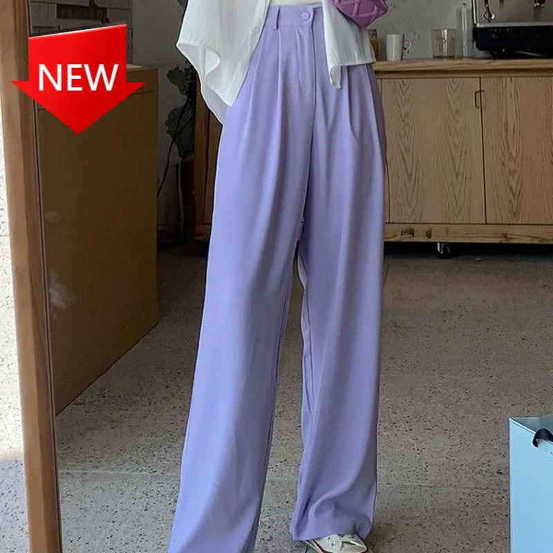 

White Straight Pants Vintage Female High Waist Elegant Office Lady Trousers Street Casual Bottoms Women Spring Summer New Purple