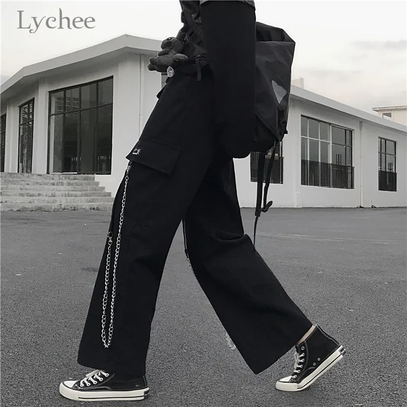 Женские брюки Lychee в стиле Харадзюку однотонные свободные с цепочкой эластичным