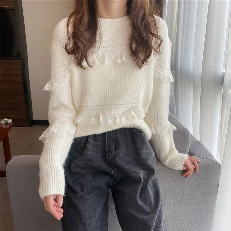 

Sweet Style Loose Knitted Lace Ruffles Women's Clothing Autumn Winter Sweater Female O-neck Pullovers Korean Clothes New
