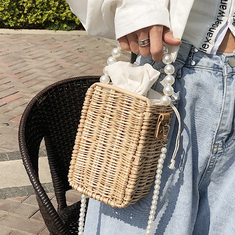 

Weave Pearl Tote bag 2021 Summer New High-quality Straw Women's Designer Handbag Pearl strap Shoulder Messenger Bag Travel Bag