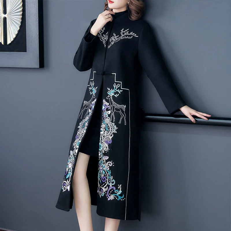 chinese style Retro wool embroidered coat women's slim long Windbreaker autumn and winter Embroidery overcoat