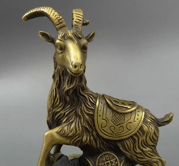 S03334 Chinese Bronze FengShui Wealth Year Zodiac Sheep Goat On Coin YuanBao Statue Set B0403 | Дом и сад