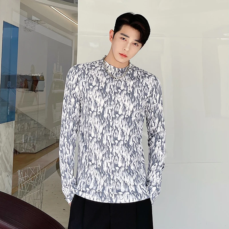 

Мужская приталенная футболка с длинным рукавом и принтом, повседневные модные футболки, топы, сетчатые футболки знаменитостей