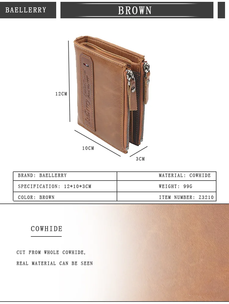 Baellerry Men Wallets Genuine Cow Leather Double Zipper Card Holder High Quality Male Purse Vintage Coin Holder Men Wallets