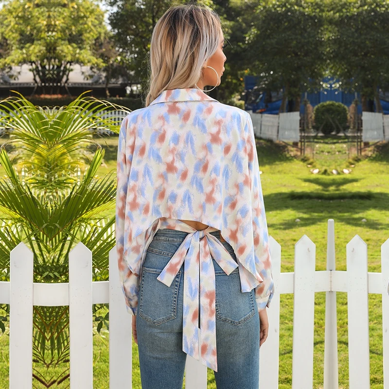 

2021 Spring Summer New Cardigan Casual Tops Ladies Open Back Tie Dye Lapel Long Sleeve Printed Shirt Women for Fashion