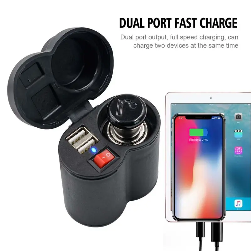 

Motorcycle 12V Cigarette Lighter Socket Power 5V 2.1A Dual USB Charger Wtih ON OFF Switch for Cellphones Mobile Tablets