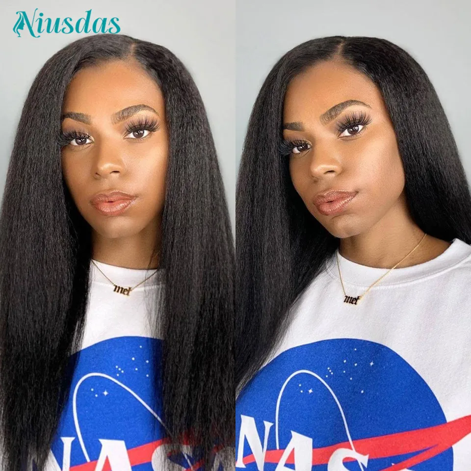 30 inch Kinky Straight Wig 13x4 Transparent Lace Frontal Wig Human Hair Pre Plucked Yaki Human Hair Wigs for Women Niusdas Hair