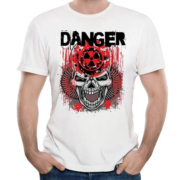 

Mens T-Shirt Danger Skull Short Sleeve Cotton Tee White