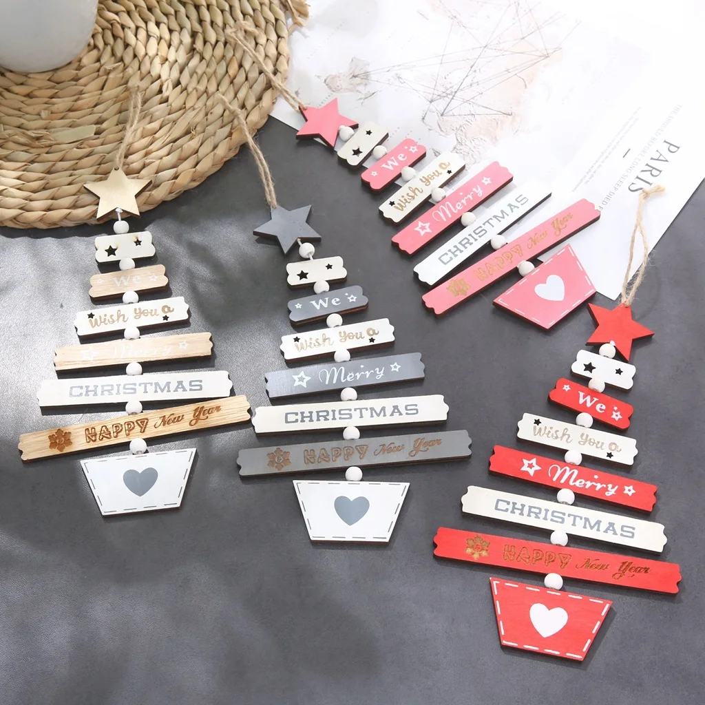 Creative Painted Wooden Christmas Tree Hanging String Christmas Pendant Window Display Ornaments Xmas Party Decors Kids Gift Toy