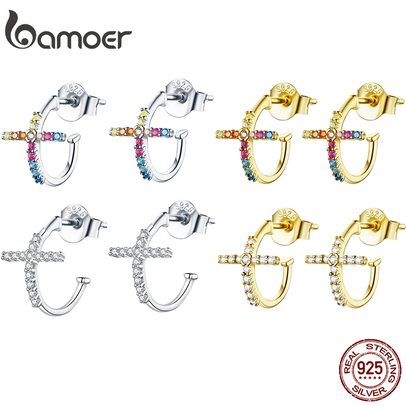 

Женские серьги-кольца bamoer из стерлингового серебра 925 пробы, сережки-обручи с крестом, ювелирные изделия из серебра Brincos, свадебные ювелирны...