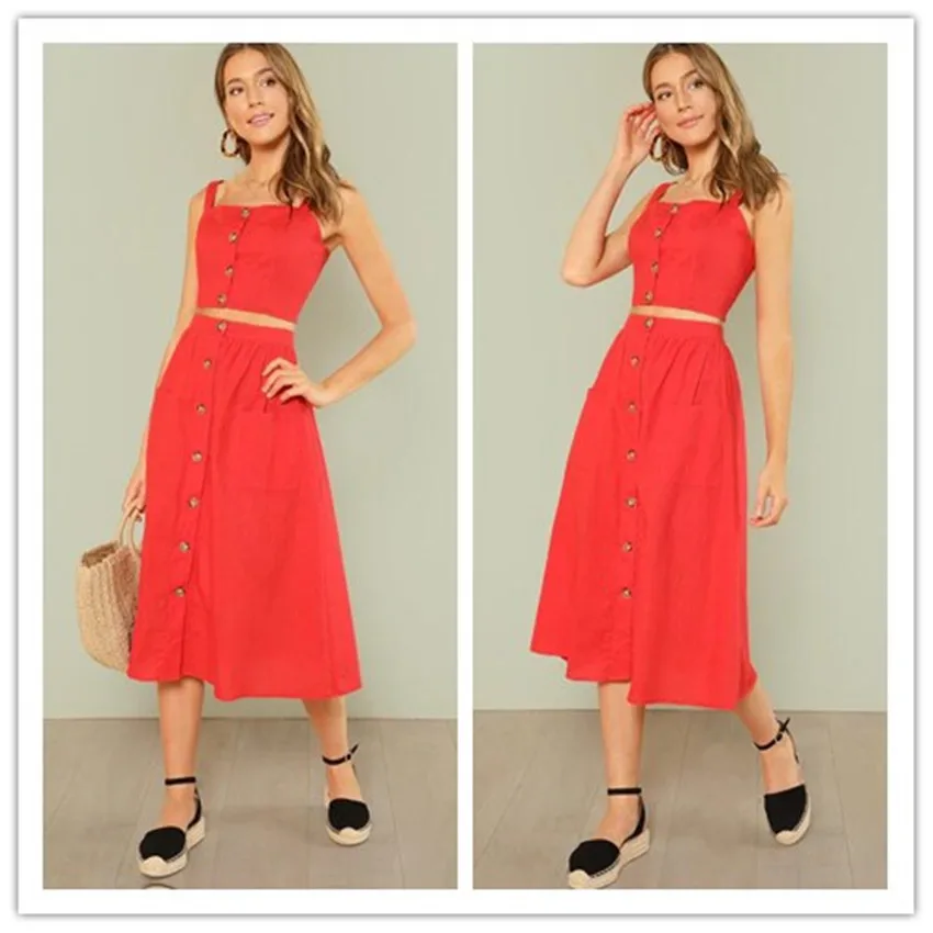 

DUISNENA boho dress red solid color strap backless women dresses top and skirt high waist robe mujer midi vestidos