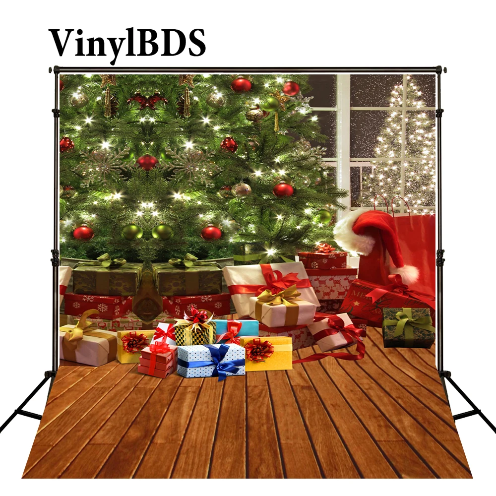 

VinylBDS Christmas Photography Background Gift Red Hat Bell Backdrops Wood Floor Tree Fotografia for Baby Shoot Studio L-806