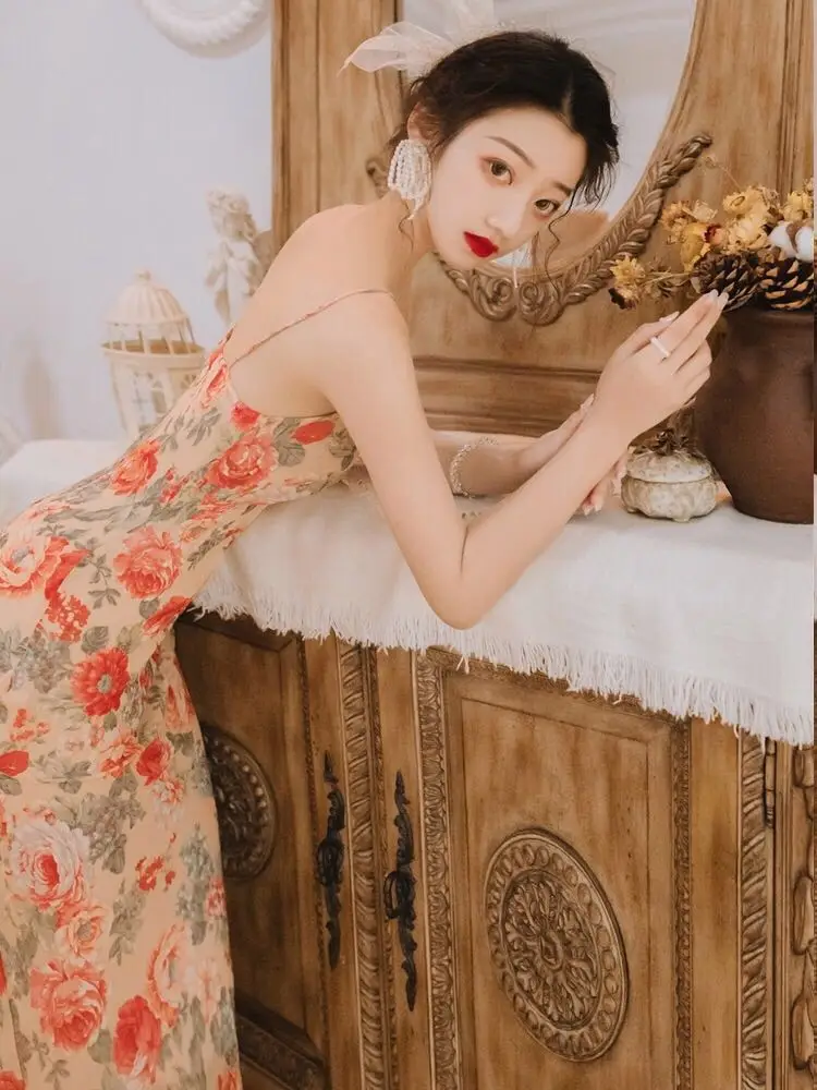 Винтажное летнее Женское Платье макси с цветочным принтом элегантный узкий