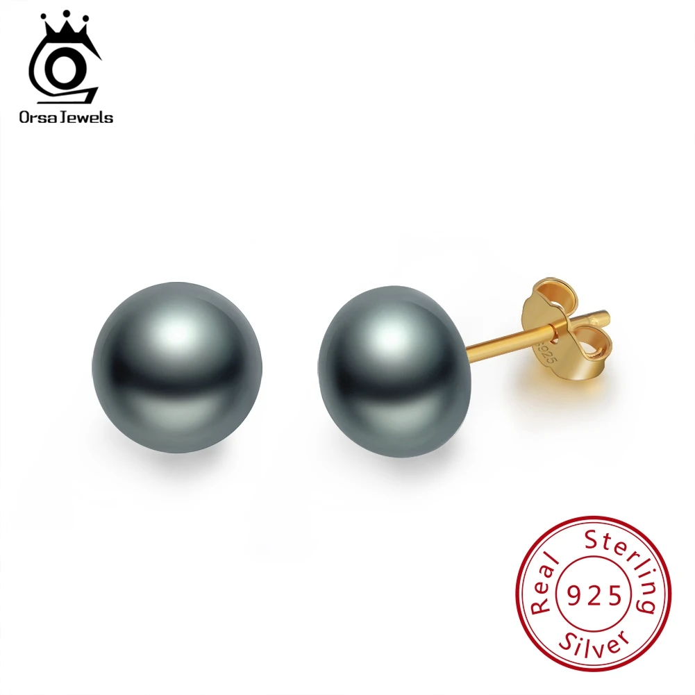 Gold- Black Pearl ORSA JEWELS, женские серьги-гвоздики с натуральным пресноводным жемчугом, 8 мм, белый, розовый жемчуг, 925 пробы, серебро, Женские Ювелирные изделия для вечеринки RSE86 - Цвет камня: Gold- Black Pearl