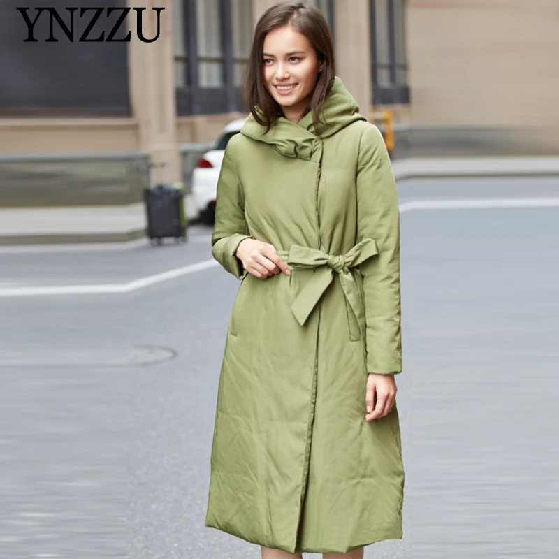 Зеленая женский куртка на гусином пуху с капюшоном 2019 зимний Свободное длинное